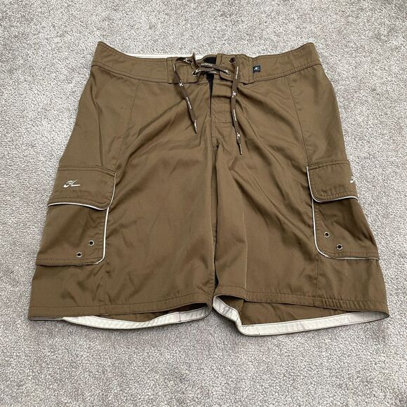 Hobie Custom Board Shorts Swim Trunks Mens 34 Brown Cargo Pockets Drawstring - Picture 1 of 14